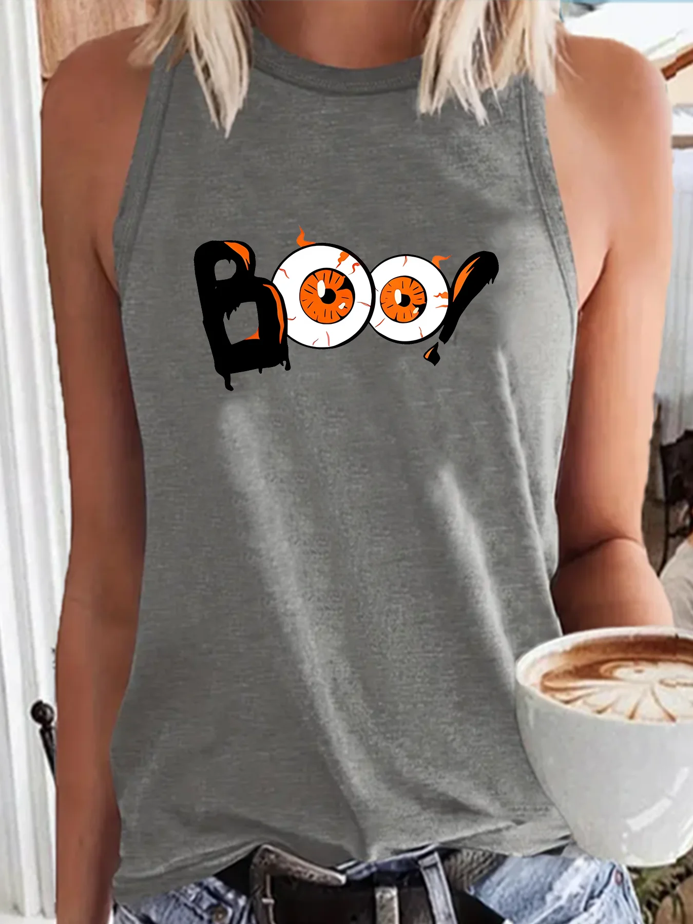 Boo Eye Sweatshirt Halloween Sweatshirt Fashion Funny Sports Women's Tank Top Loose O Neck Sleeveless Casual Tank