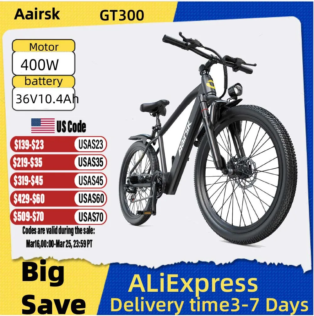 

Aairsk GT300 Adult E-bike 26 Inch Fat Tire E-Mountain bike Off-road Electric bicycle 400W Motor 36V 10.4Ah Battery Electric Bike