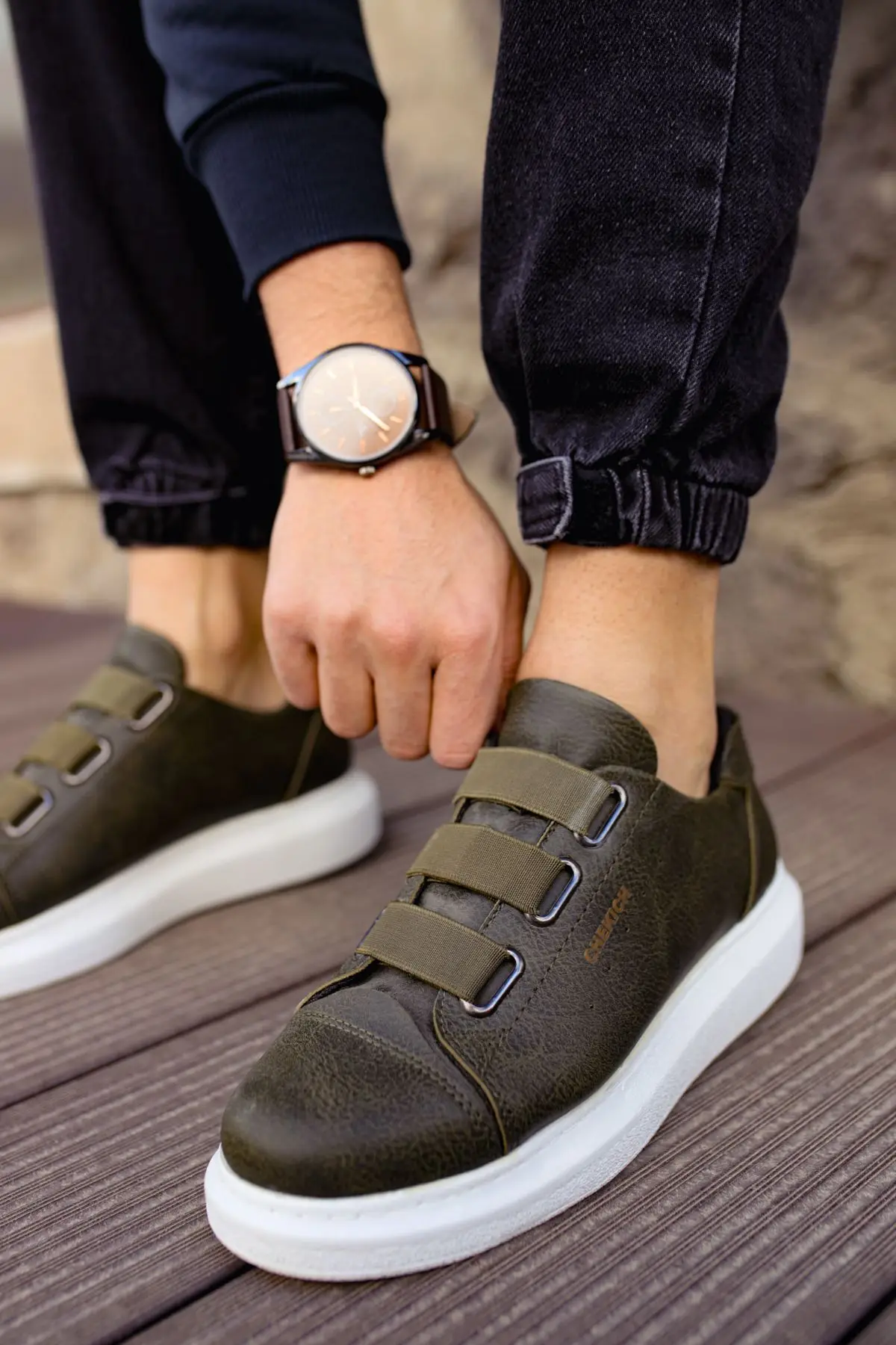 CHEKICH Original Brand Khaki 2024 Men's Sports Shoes for Summer High-soled Elastic band Artificial leather Sneakers CH0253