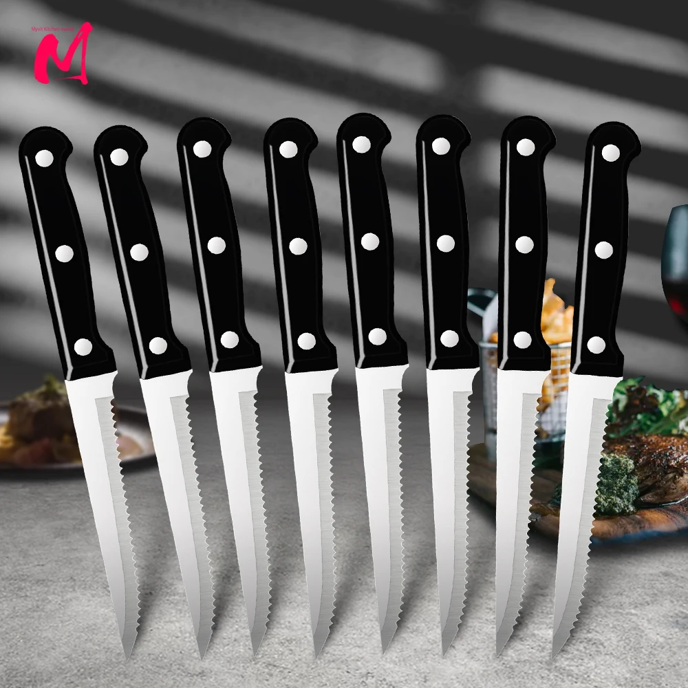 Steak Knives Set Cutlery Set 6/8 Pcs Full Tang Stainless Steel Sharp Serrated Dinner Knives Set Dishwasher Safe for Meat Bread