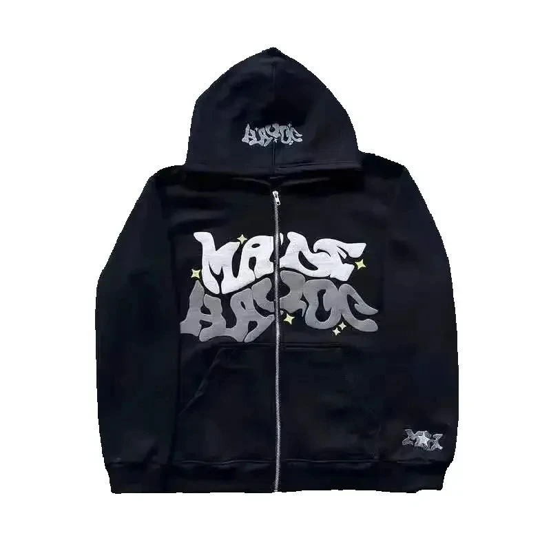 European and American Fashion Fleece Print Zippered Hooded Sweatshirt for Men and Women, Casual Multi-Functional Sports Top