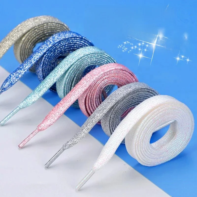 NIEUWE Mode Glitter Schoenveters Kleurrijke Platte veters voor Atletische Running Sneakers Schoenen Laars 1 CM Breedte Schoenveter Strings 1 Paar - afbeelding 2