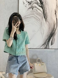 Vintage Fragrant Short Sleeve Jacket Women's Spring/Summer 2023 New Versatile Fashion Tweed Greent Coat