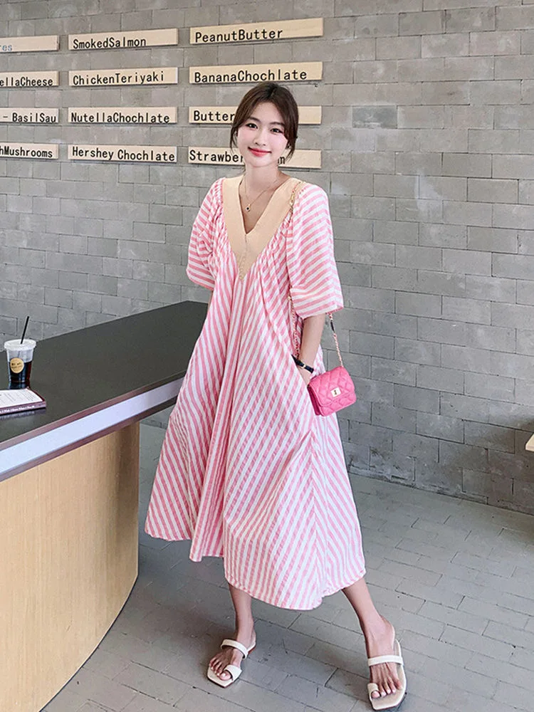 Fashion Loose V-Neck Spliced Folds Vestidos Striped Casual Dresses Women's Clothing Summer New Oversized All-match Midi Dress