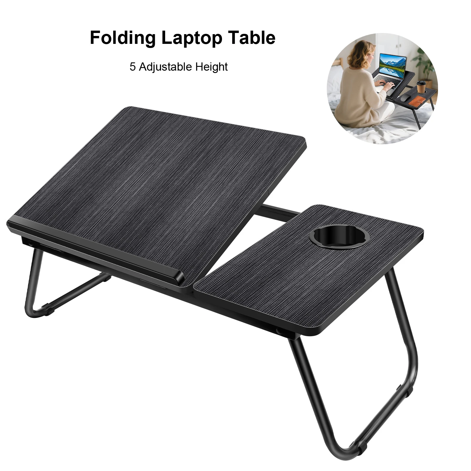 Table pliante noire pour ordinateur portable, pour lit et canapé, table multifonctionnelle, réglage de la hauteur sur 5 niveaux + porte-gobelet