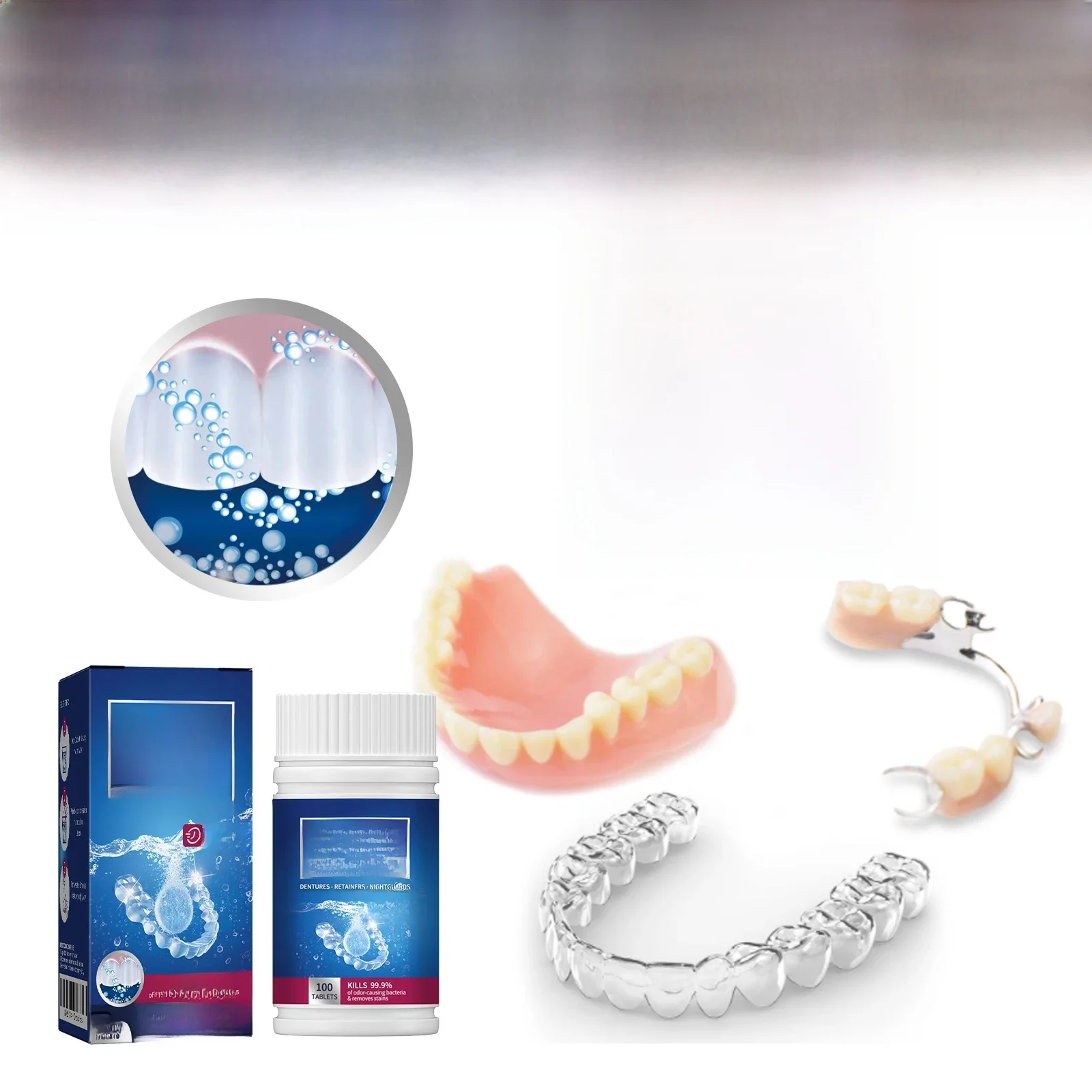 Tablette de nettoyage pour prothèses dentaires, 100 onglets, retenue de faux dents, nettoyant, blanchiment, élimine les odeurs, décoloration, taches de Plaque, soins buccaux