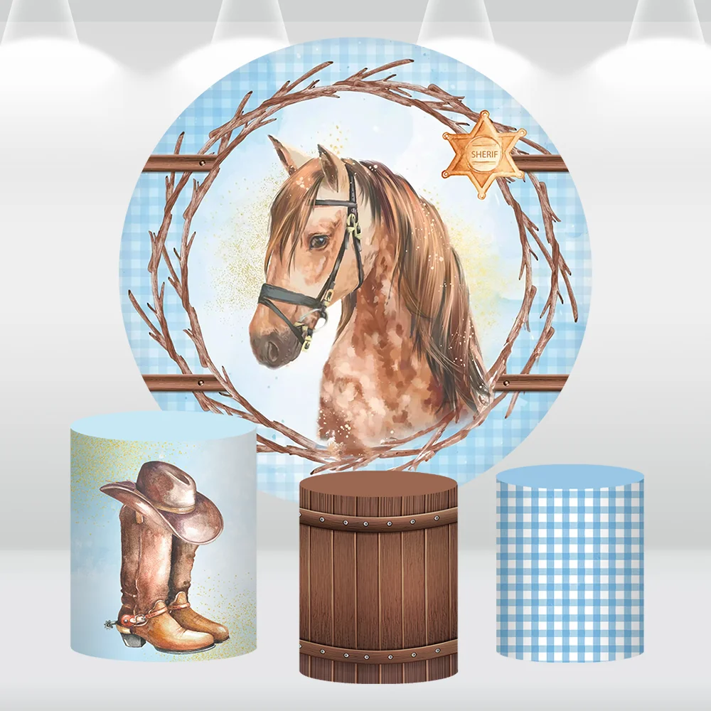 خلفية دائرية للحفلات ذات طابع غربي أزرق مع غطاء خلفية دائري لعيد الميلاد على شكل حصان وأحذية رعاة البقر