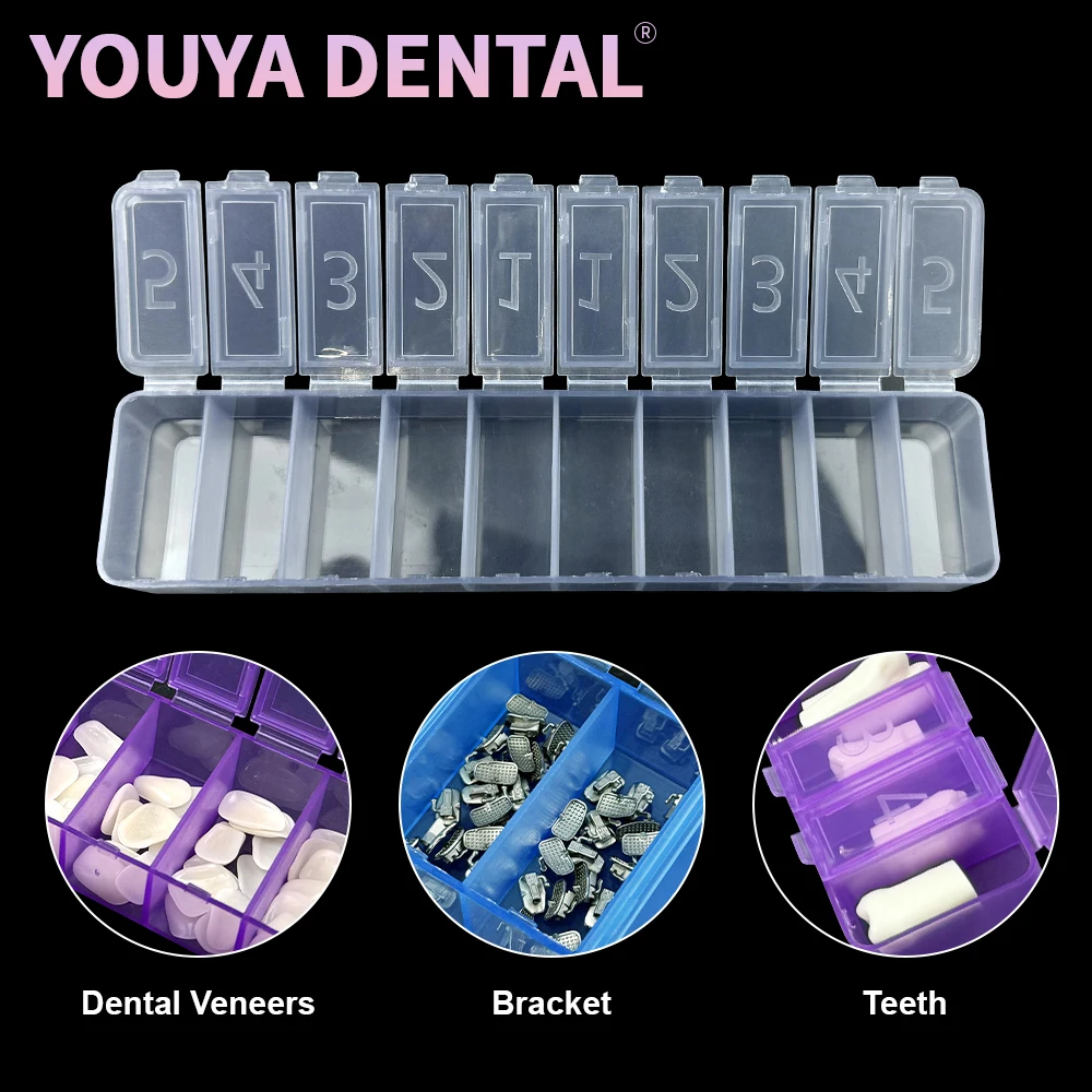 

Многофункциональный ящик для хранения зубов, подходящий для вининов/кронштейнов/дитячих зубов, пронумерованные отсеки, пластиковая коробка, стоматологические принадлежности