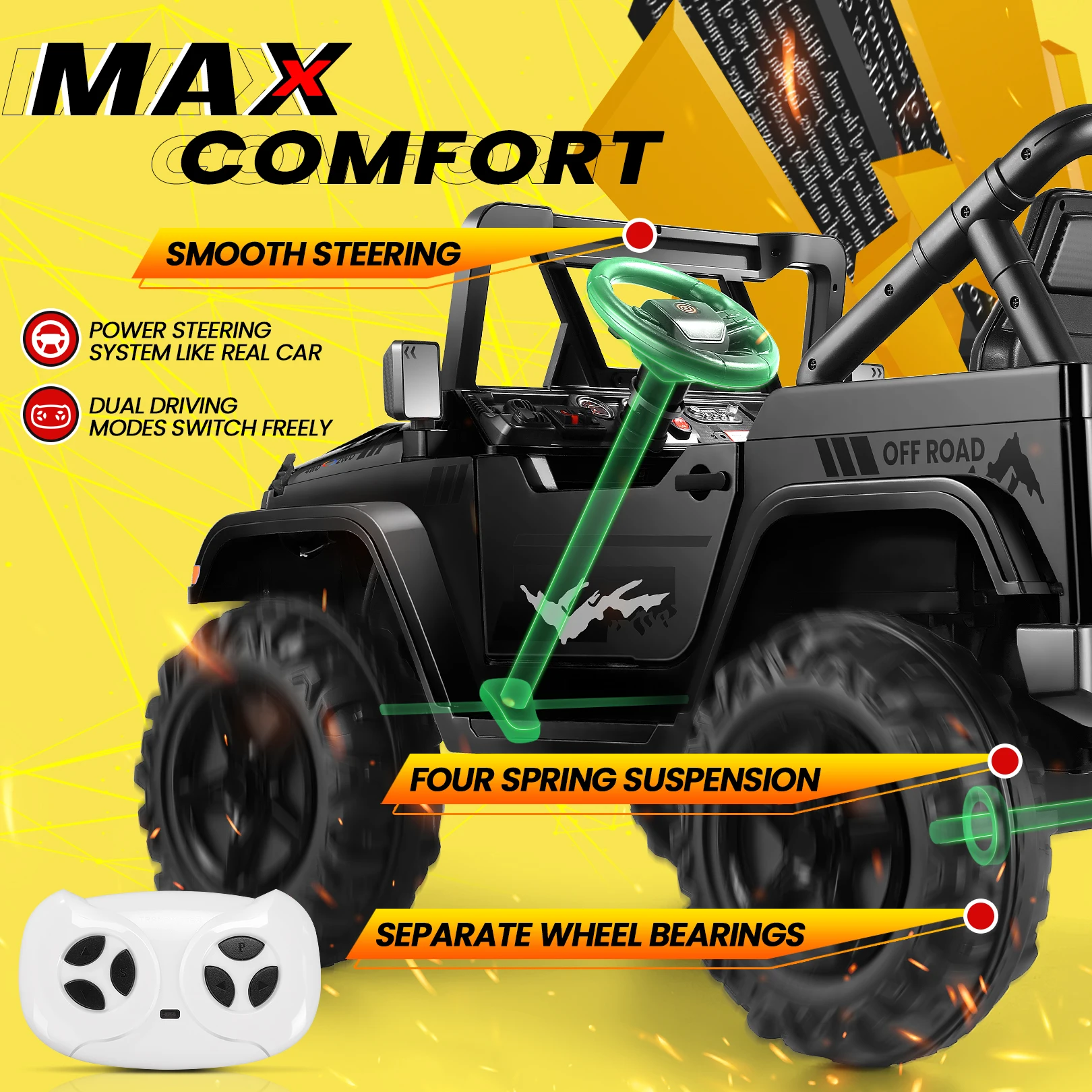 Elektryczny samochód dla dzieci 24V, dwuosobowy, zasilany akumulatorowo, z mocnym silnikiem 4x200W, pilotem i schowkiem na muzykę.