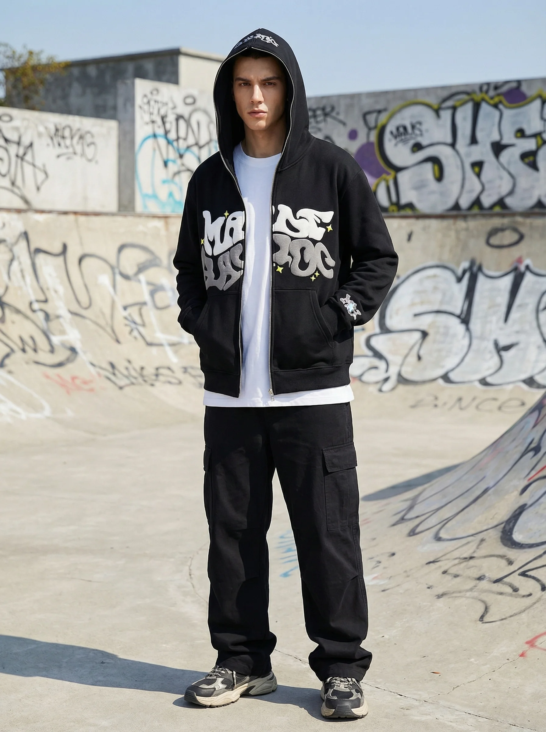 Unisex Hip Hop Graffiti Bubble Letter Zip Up Hoodie Jacket, Oversized Loose Fit Full-Zip Hooded Sweatshirt with Kangaroo Pocket for Street Daily Wear