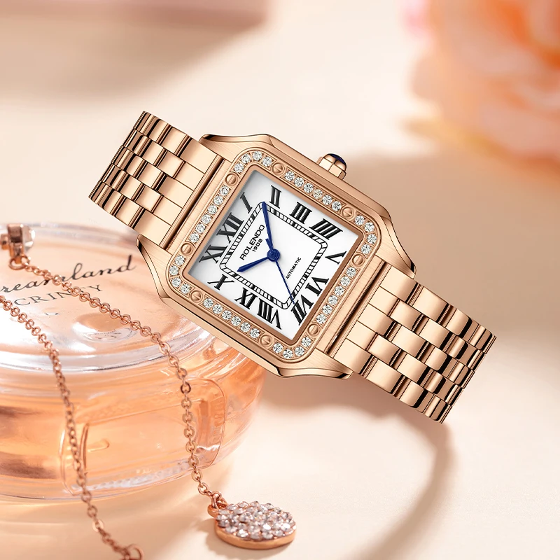 ROLENDO Light Luxury Gold Square Watch 33mm Diamond Sapphire Crystal Women's Auto Mechanical Roman Scale Waterproof Watch Gift
