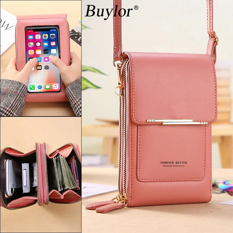 Buylor Vip Link-Bolso de cuero suave para mujer, Cartera de mano con pantalla táctil para teléfono móvil, bandolera a la moda