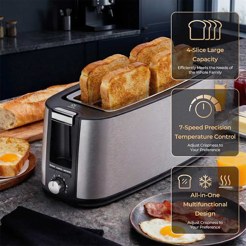 Tostapane a 4 fessure, slot lungo, 1200-1400W, 7 livelli regolabili, funzione di scongelamento, riscaldamento, annullamento, vassoio raccogli briciole rimovibile, acciaio inossidabile, Woox Mx0212