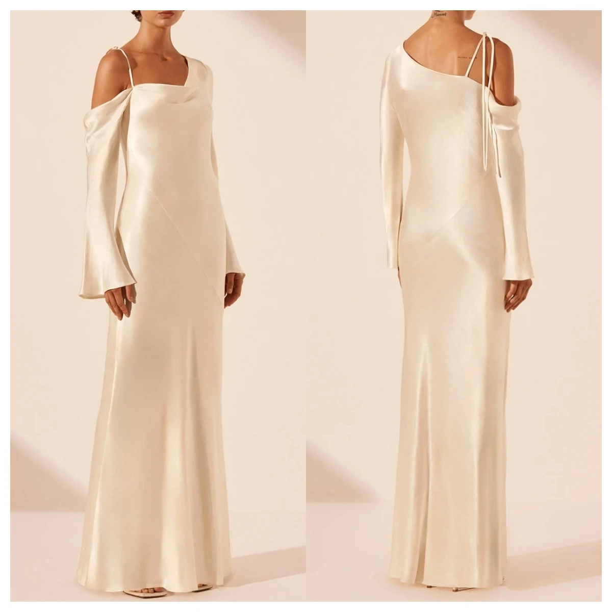 

Customized Elegant White Satin Evening Dress Square Collar Long Sleeves Bespoke Occasion Gowns Celebrity Gowns Fashion Soft