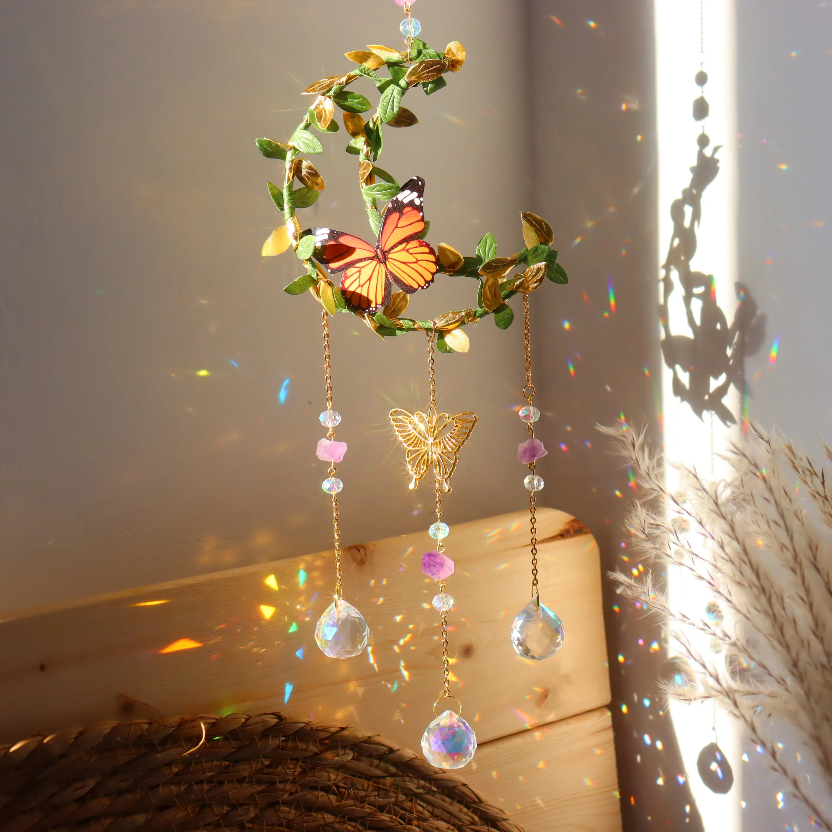 Nature-Inspired Sun Catchers & Crystal Balls: Leaves, Butterflies, Moon and Wind Chime Garden Ornaments