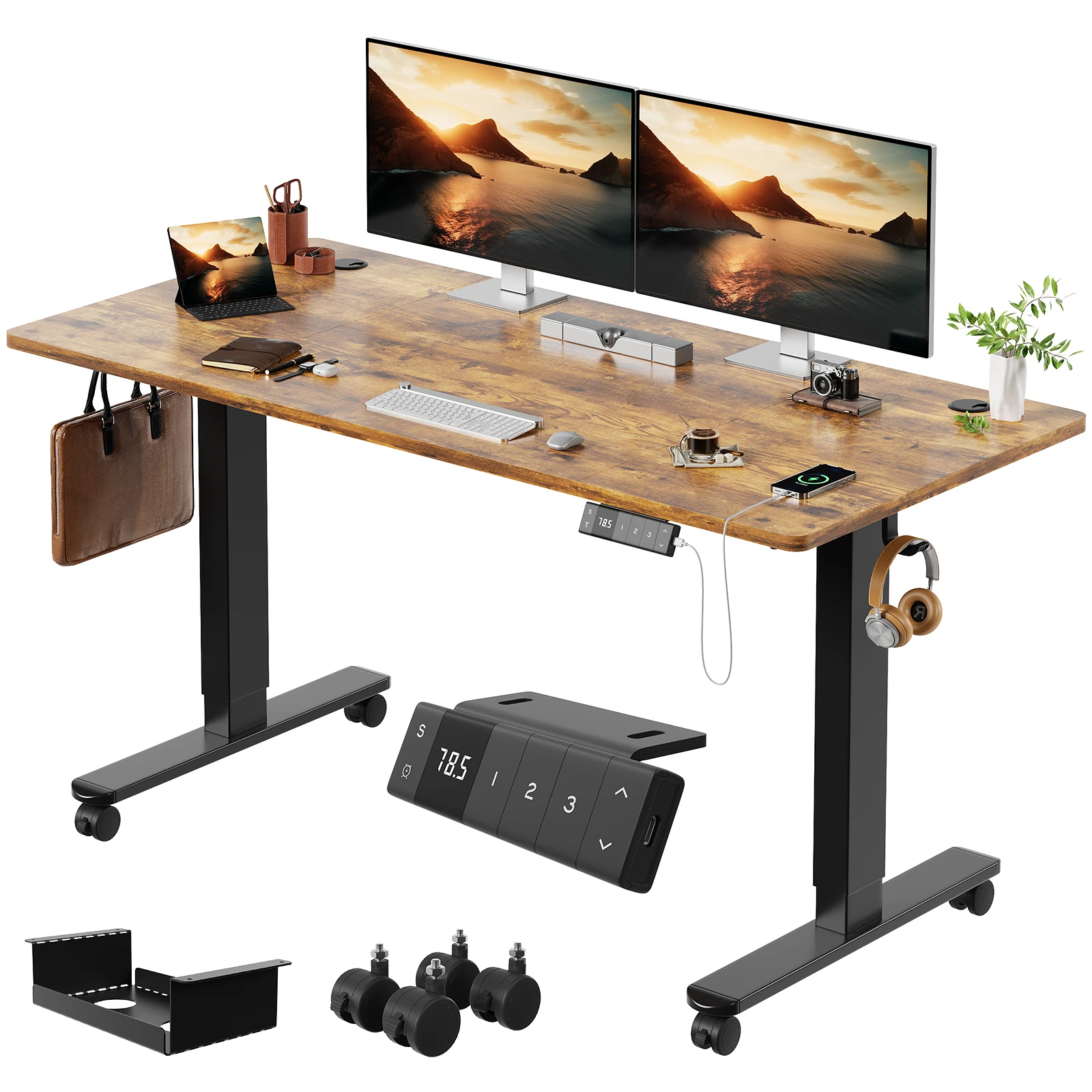 Devoko Elektrisch bureau in hoogte verstelbaar 140x80 met Roller Type-C Memory Control Anti-Collision