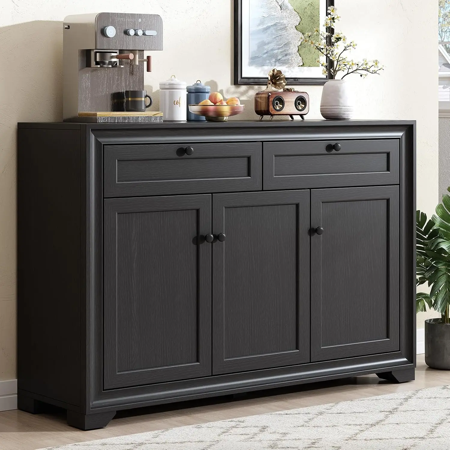 48 Inches Sideboard Buffet Cabinet With Storage, Black Wood Coffee Bar Cabinet, Buffet Table, With 2 Drawers and 3 Doors, Justable Shelves, Farmhouse Style, or Living Room, Kitchen