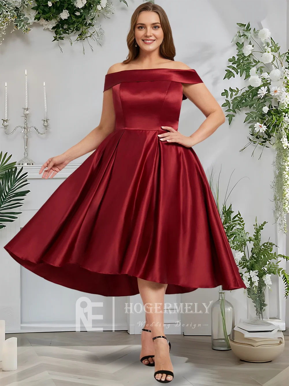 Vestidos de Cóctel elegantes color Burdeos para mujer, vestido de fiesta de satén con hombros descubiertos, corte en A, dobladillo asimétrico, vestido de fiesta para invitados, 2025