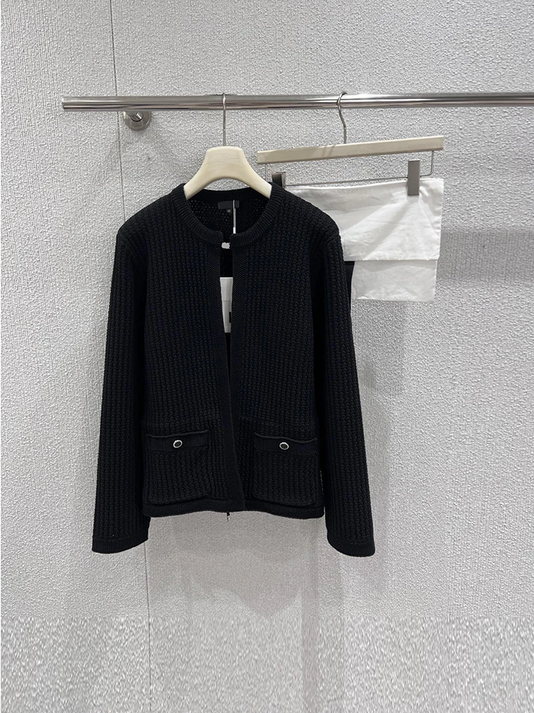 

Autumn Winter Fashion Black Simplicity Casual Knitting Cardigan Women's O-Neck Single Buckle Button Pocket Long Sleeve Tops