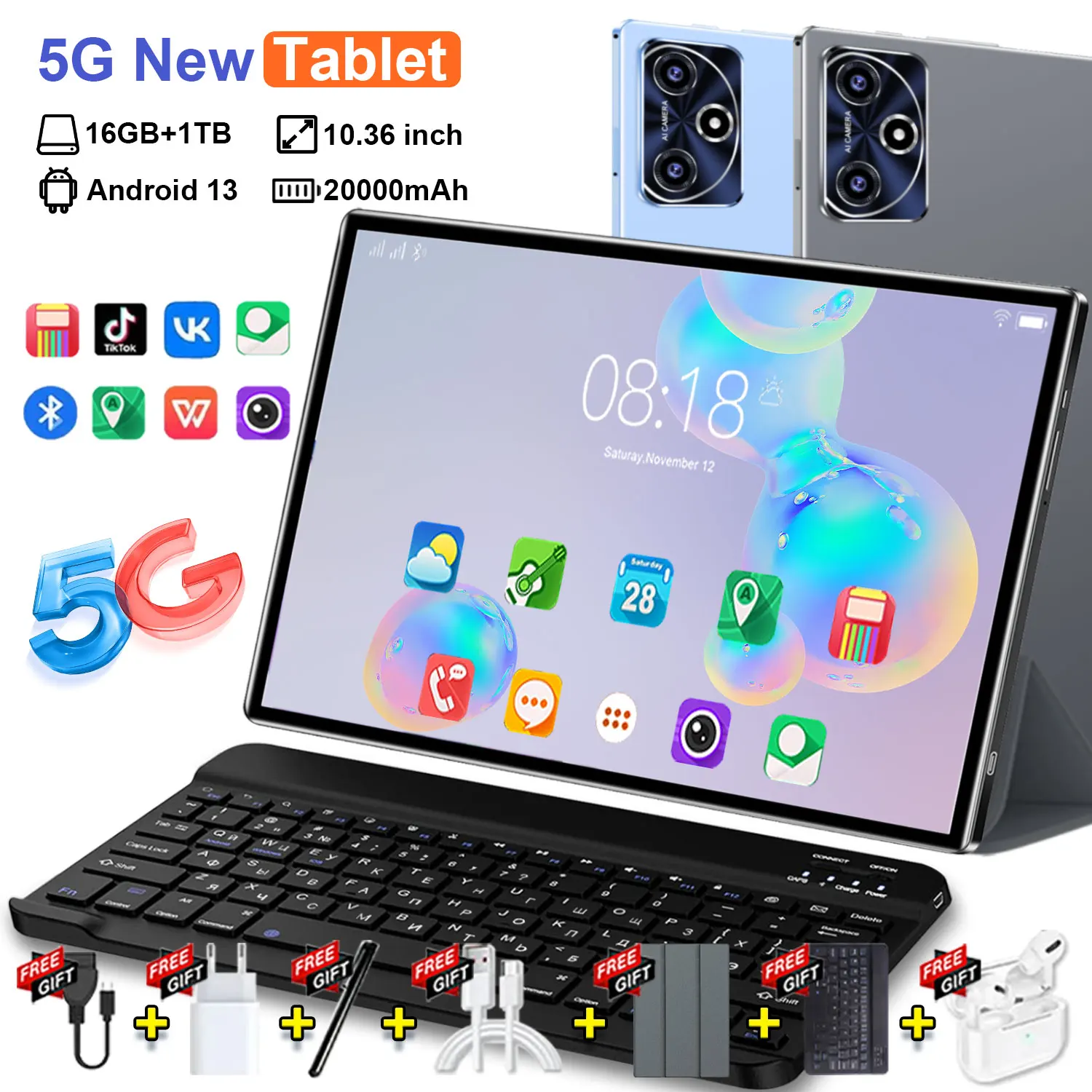 Tablet Android 13 2026 Nueva, 5G WiFi Portátil, 16GB RAM, 1TB ROM, 14 Núcleos, Cámara de 16MP+32MP, Batería de 12000mAh, Gadget de Viaje