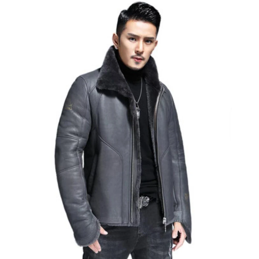 Denny&Dora Men Shearling Leather Jacket Sheepskin Coat Men Grey Leather Jacket Short Sheepskin Coat