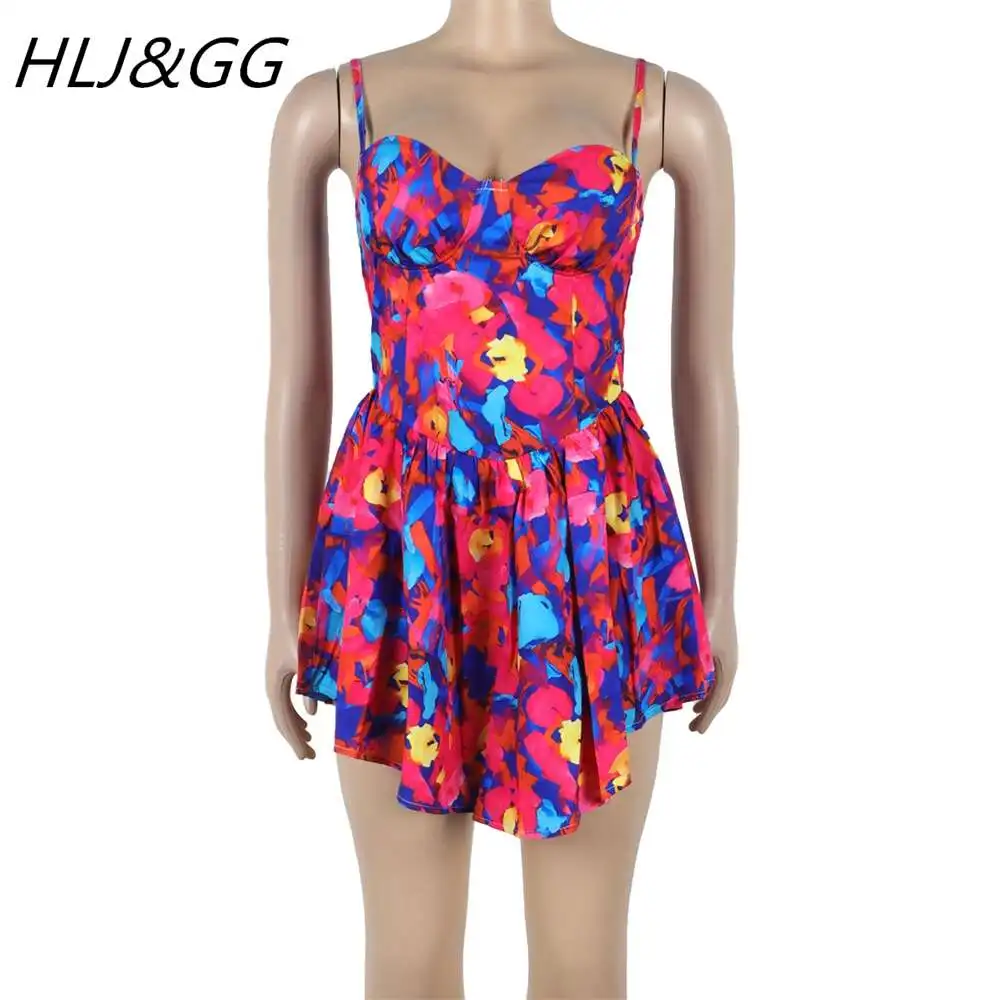 HLJ&GG Summer New Print Bodycon Suspenders Dresses Women V Neck Thin Strap Sleeveless Slim Irregular Vestidos Fashion Streetwear