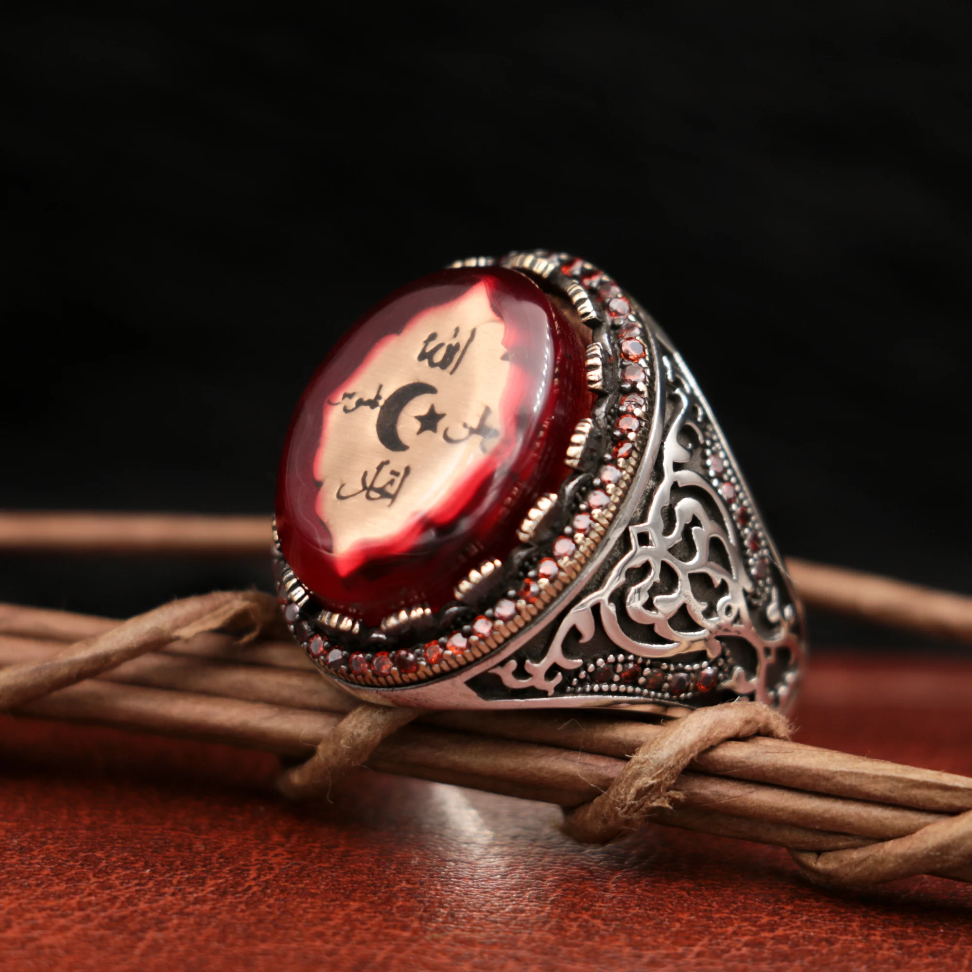 925 Silver Men Ring, Ottoman/Turkish Historical Flag Allah, Vatan, Ittihad and Namus, Islamic Turkish Men's Jewelry