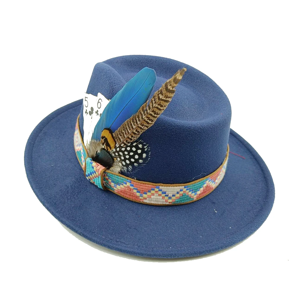Jazz wool hat Panama hat European and American style hat Poker feather decorated wool wide brim hat party hat chapeau femme