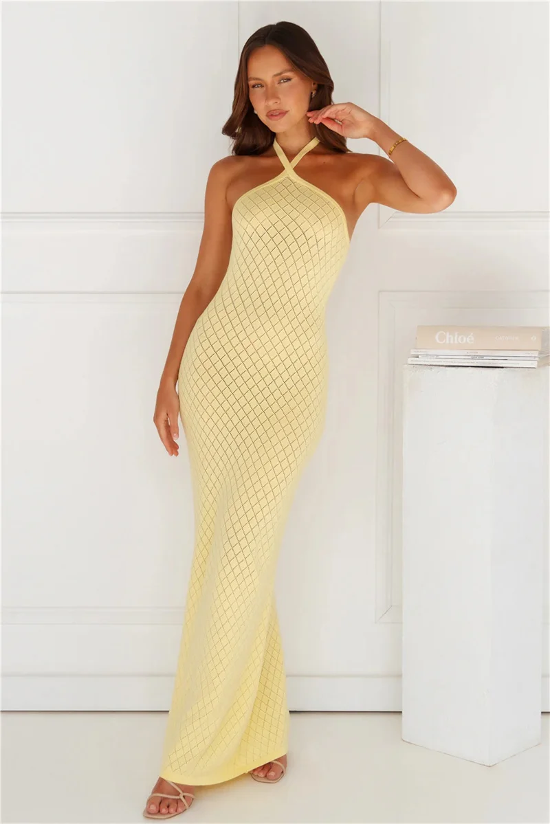 Women's Backless High Slit Long Bandage Knit Dress Crochet Bikini Cover-Up Sexy Off Shoulder Summer Swimwear Female Swimsuit