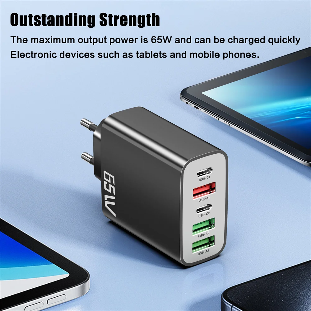 65 واط 5 منافذ شحن سريع شاحن USB C PD شاحن سريع شاحن عالي السرعة الهاتف نوع C الجدار محول آيفون سامسونج Xiaomi