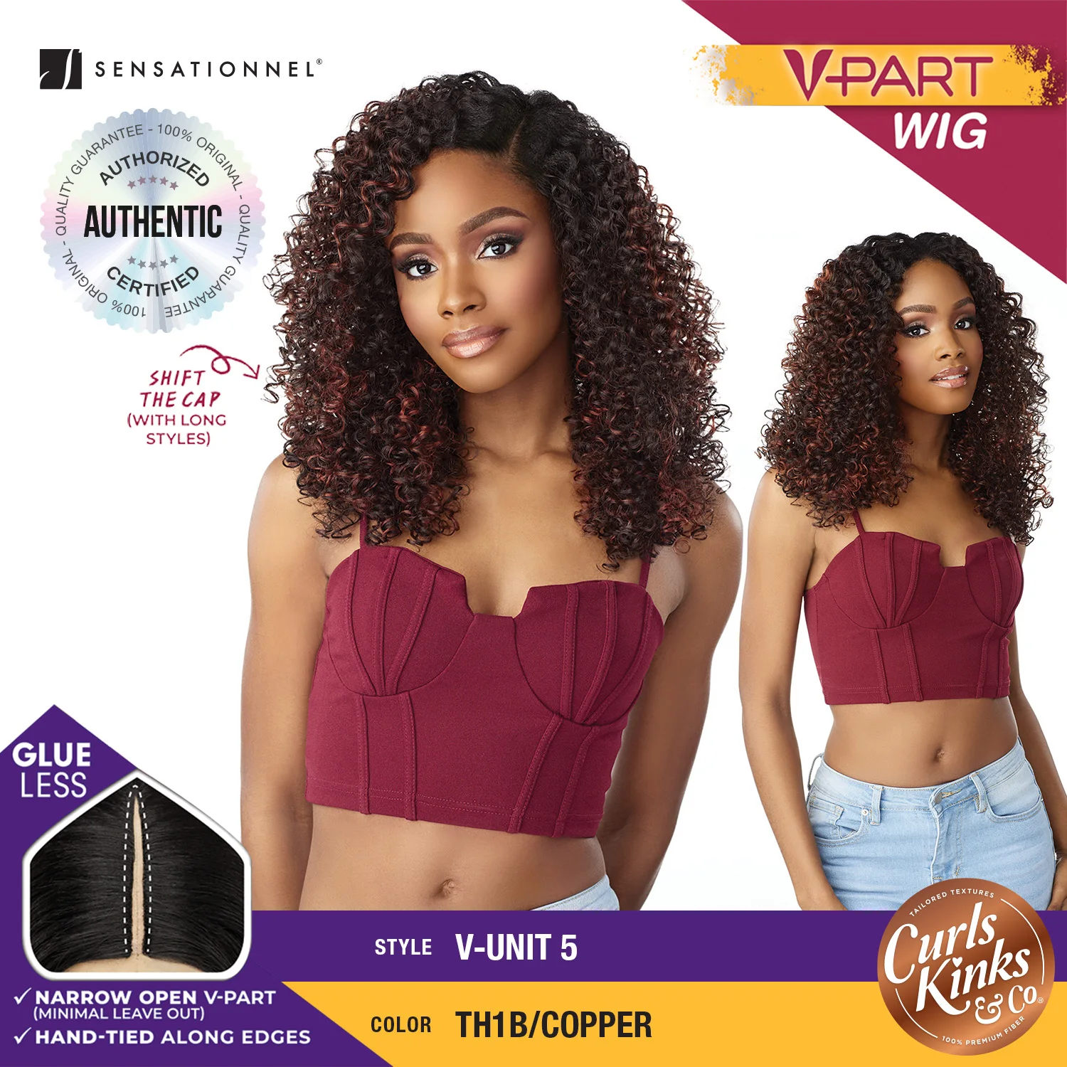 Sensationnel Curls Kinks N Co Glueless V-Part Wig, V-Unit 5 - Natural Textura, Secure Fit, Perfeito para estilo sem costura