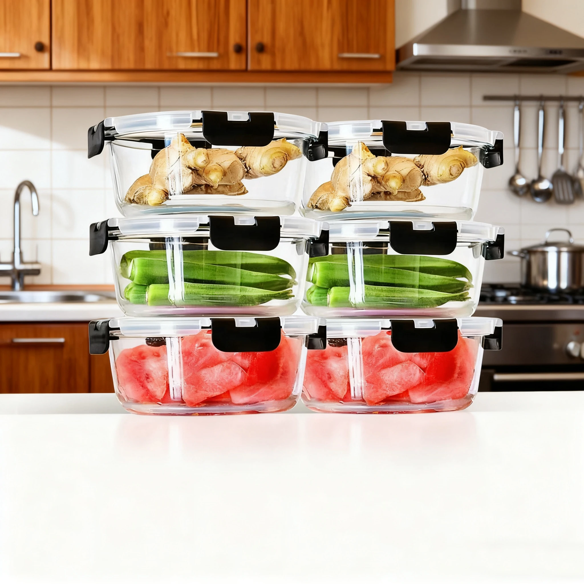 6 x 950ml Glas-Lebensmittelbehälter mit luftdichten Deckeln, geeignet für Kühlschrank und Mikrowelle, BPA-frei. – Detail 8