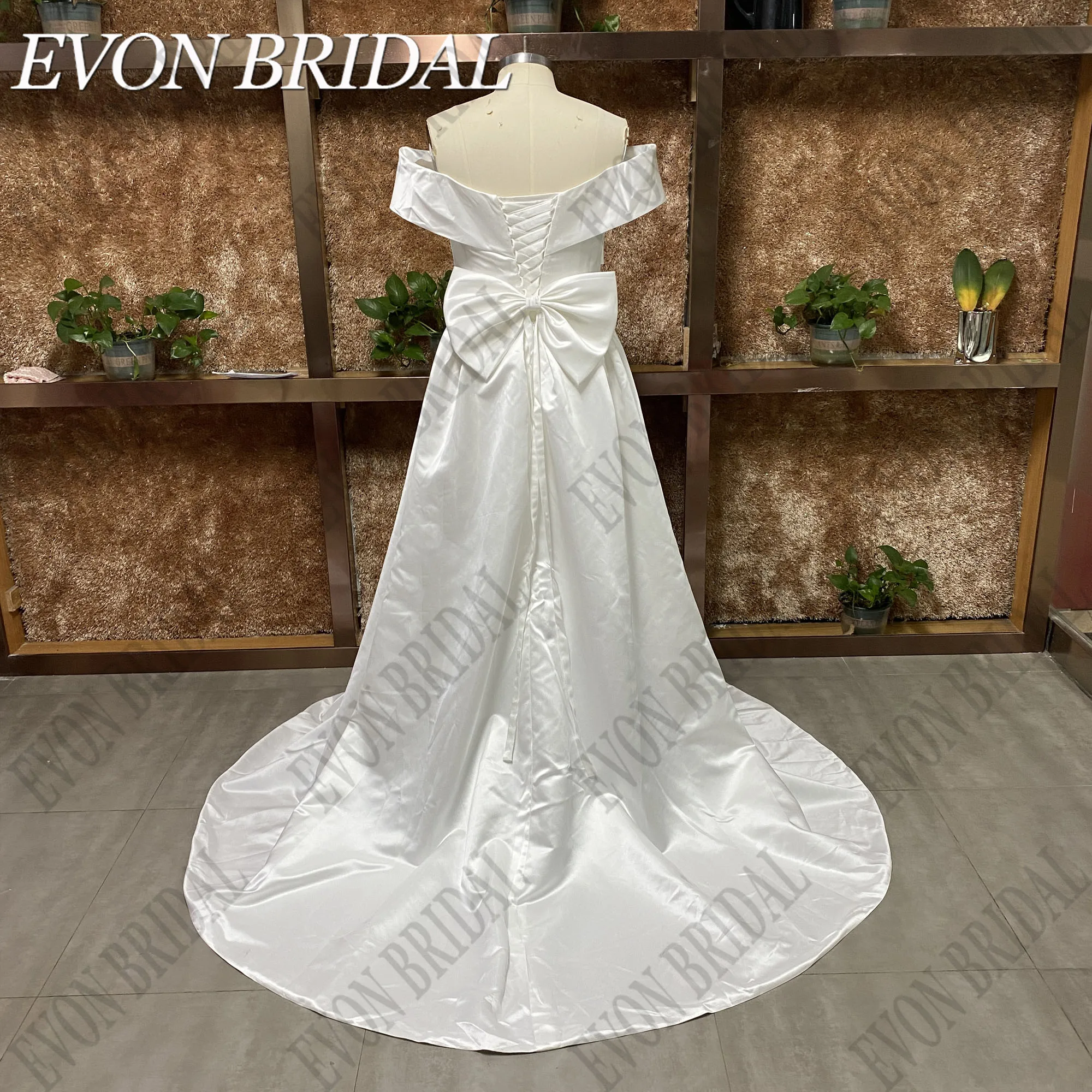 EVON BRIDAL Elegant Wedding Dresses Plus Size V Neck Off Shoulder Satin A-Line Bow Sweep Train Bridal Gowns Vestidos De Novia