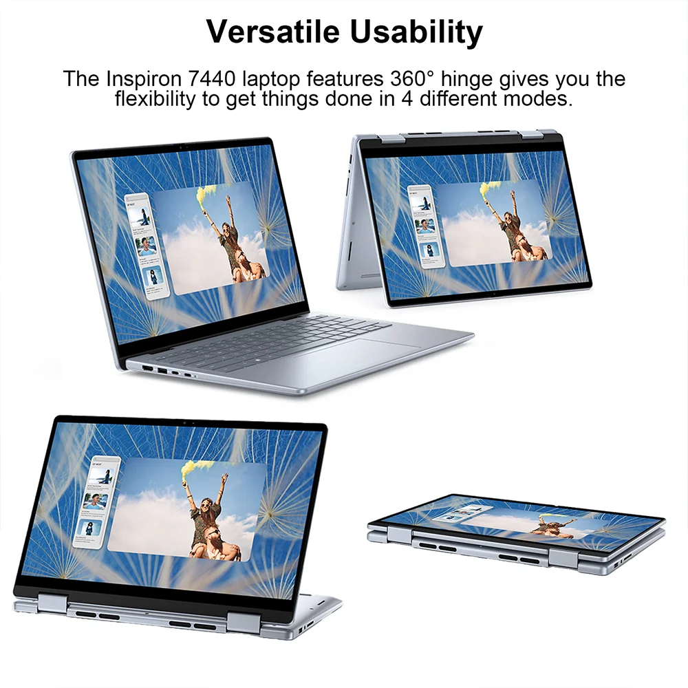Dell Inspiron Laptop layar sentuh 14 7440 FHD + 2in1, Intel Core 7 150U, 64GB DDR5 RAM,4TB PCIe SSD, Backlit KB, WiFi6, Webcam FHD