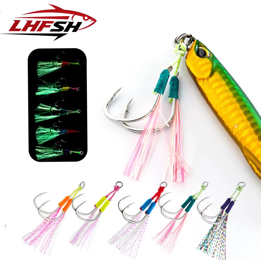 LHFSH Metall-Jig-Assist-Haken Doppelhaken Pesca Hochkarbon-Stahl Meeresfischhaken UV-Faser Leuchthaken Slow Jigging Peche für Barsch