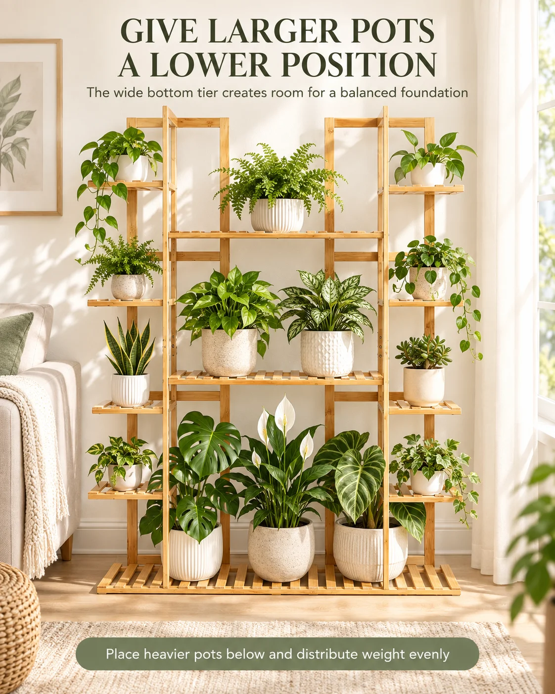 Multi-Tier Bamboo Plant Stand 48in Tall Wooden Flower Pot Display Shelf for Indoor Living Room Balcony Corner