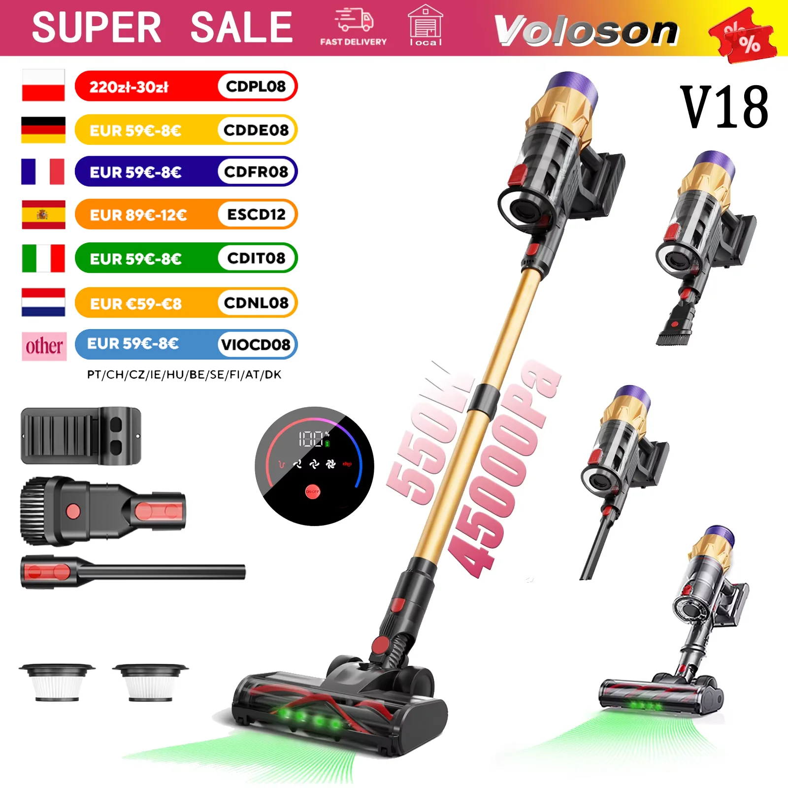 Aspirateur balai sans fil Voloson V18 600W 50KPa avec écran tactile intelligent, autonomie 65min, support mural, autonettoyant, filtre HEPA, idéal pour poils d’animaux et nettoyage maison complet