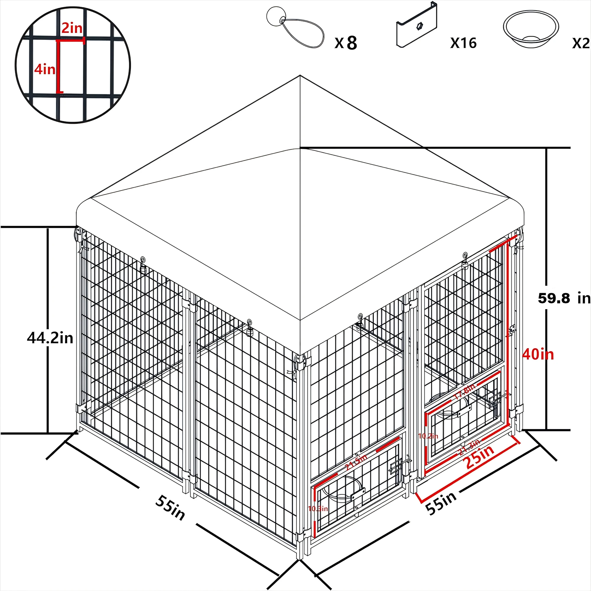 Outdoor Dog Kennel 4.5' x 4.5' x 4.8' with Waterproof Canopy Roof Heavy Duty Metal Dog Cage with Rotating Feeding Door