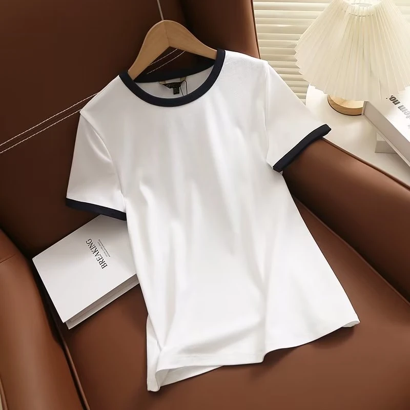 Withered Fashion Simple Pure Cotton Contrast Round Neck Short Sleeve T-shirt Casual Top For Women Summer