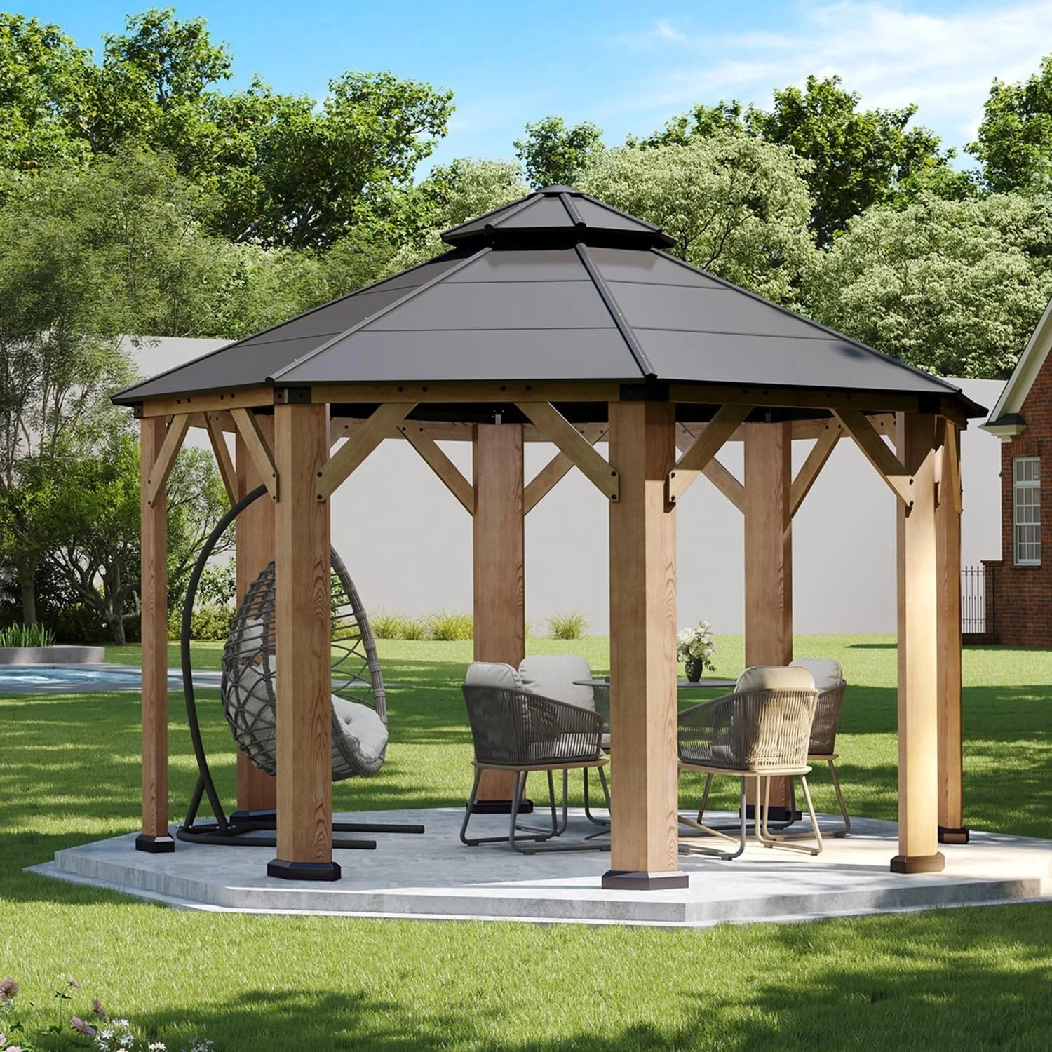 Nordivale 13x13 FT Cedar Wood Hardtop Gazebo Permanent Wooden Pavilion Galvanized Steel Double Roof Outdoor Canopy for Patio Garden Deck