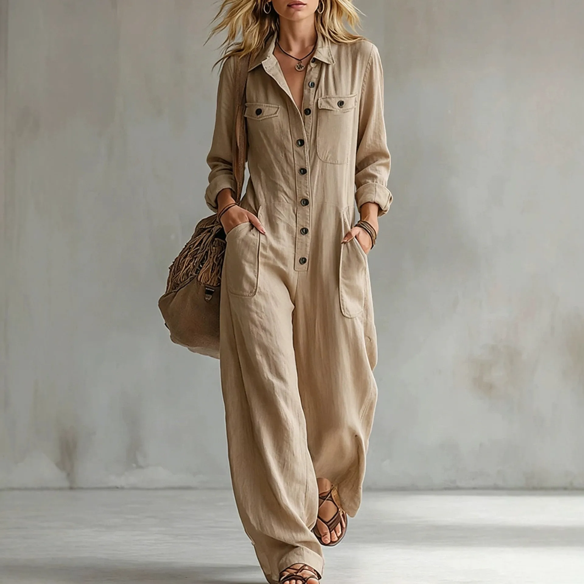 Long Sleeve Loose Fit Pants Full Length Elegant Commuter with Slight Stretch Jumpsuits Streetwear Loose Fit Women Jumpsuit
