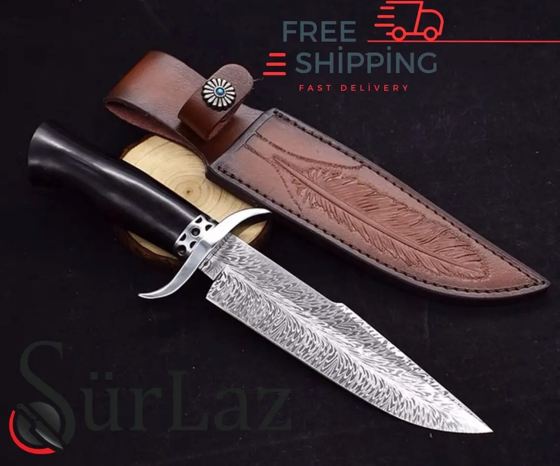 

Handcrafted Damascus Hunting Knife with Leather Sheath, Handmade Damascus Fixed Blade Knife, camping knife