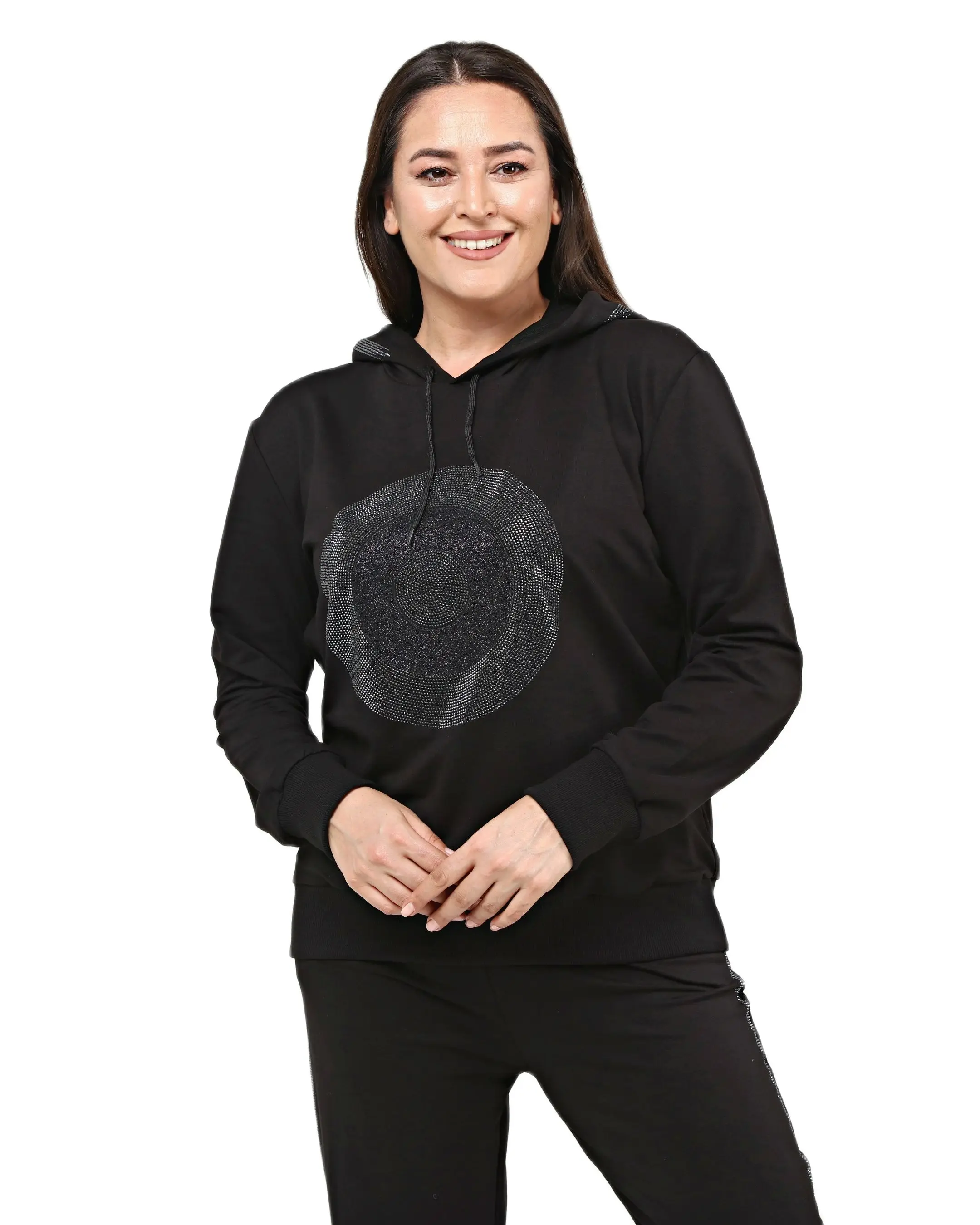 Women’s Plus Size Black Sweatsuit Set 2 Piece Circle Stone Print Tracksuit, Designed and Made in Turkey, New Arrival