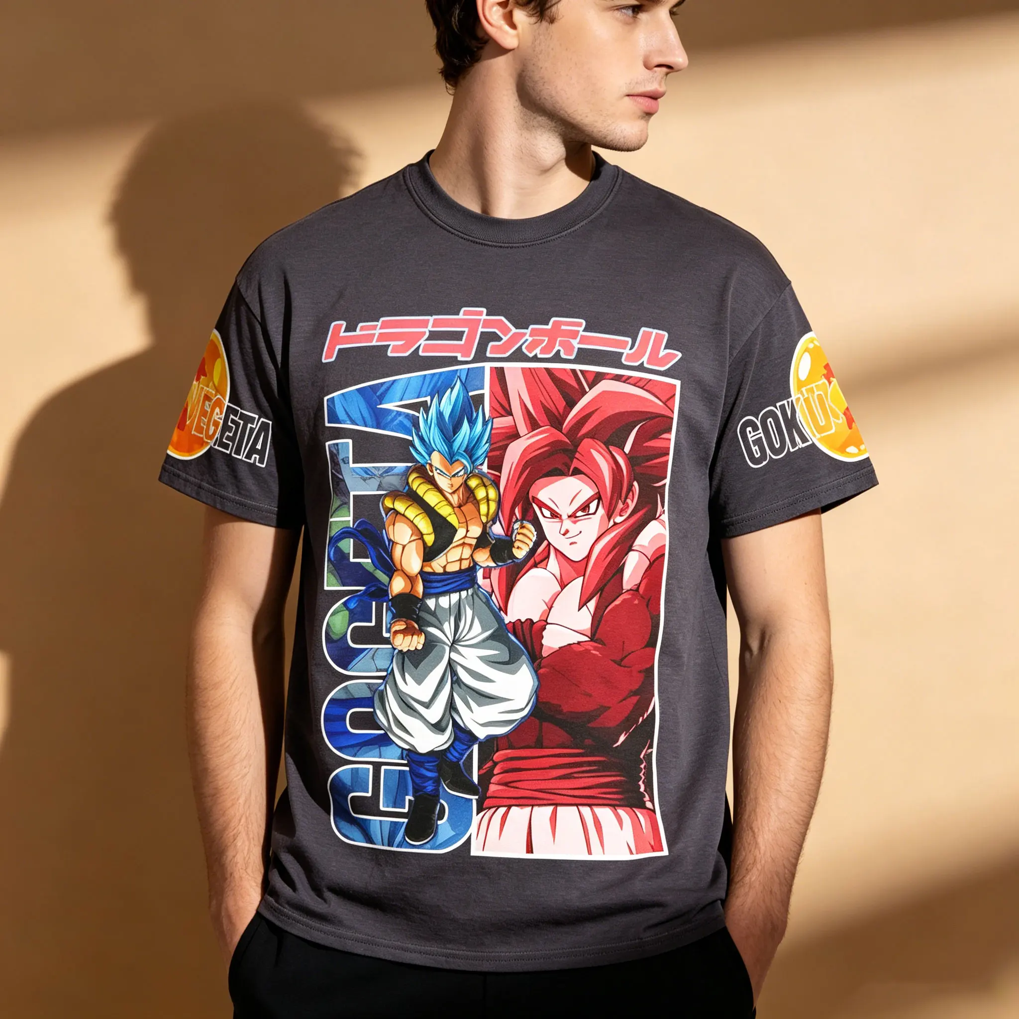 Herren Dragon Ball FighterZ Gogeta Doppeldruck T-Shirt Sommer Neu Schnelltrocknend Rundhals Anime Streetwear Lässige Sport-T-Shirts