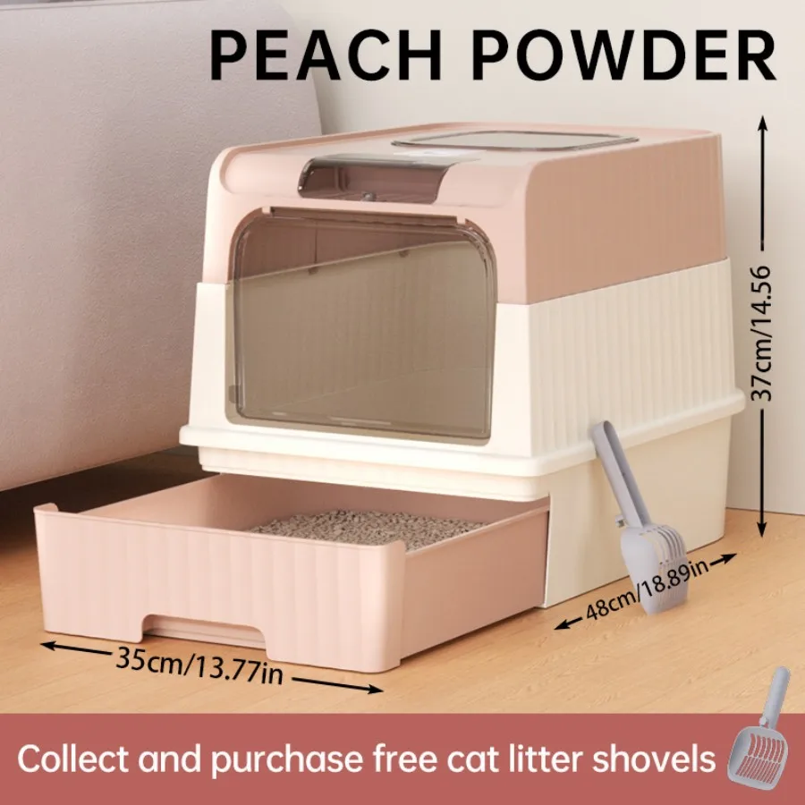 Grote gesloten kattenbak met lade, dubbele deur, anti-lek kattentoilet met schepje 50 × 35 × 37 cm