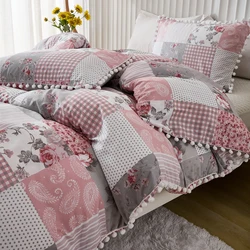 3PCS Pink And Purple Duvet Cover Set PomPom Comforter Cover Floral Bed set soft lightweight Down Bedding Set for All season