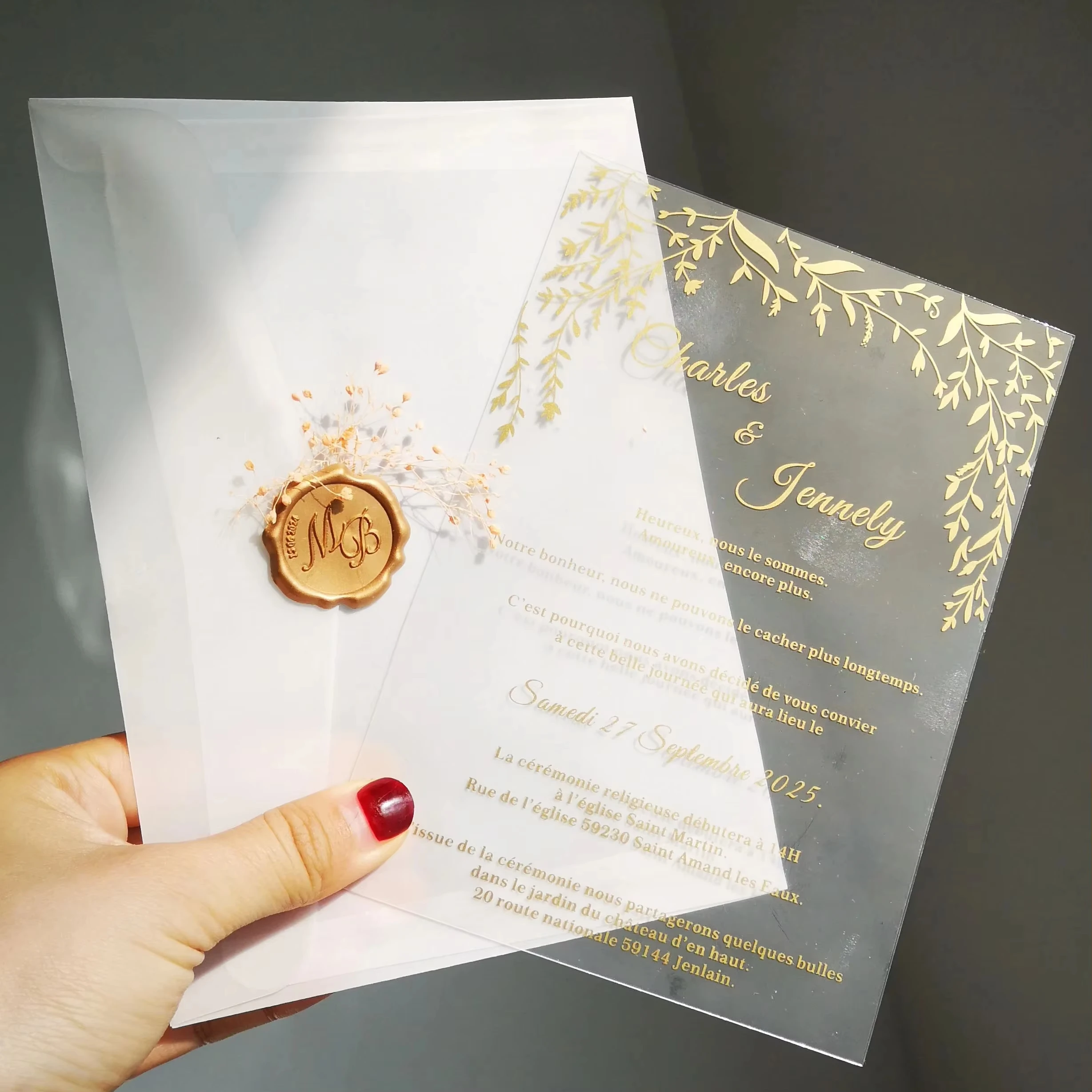 

Wedding Invitations Gold Print 1mm Clear Acrylic 50pcs Free Customized Anniversary Personalized Laser Engraved Party Invitations