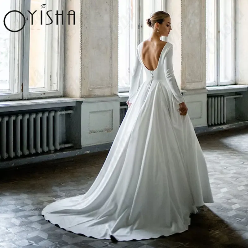 OYISHA-Robes de mariée A-Line Scoop pour femmes, simple, manches longues, satin, patients, quoi que ce soit, sexy, dos nu, exquisOyisha a - word robe de mariée Slim manches longues satin robe de mariée pour les femmes