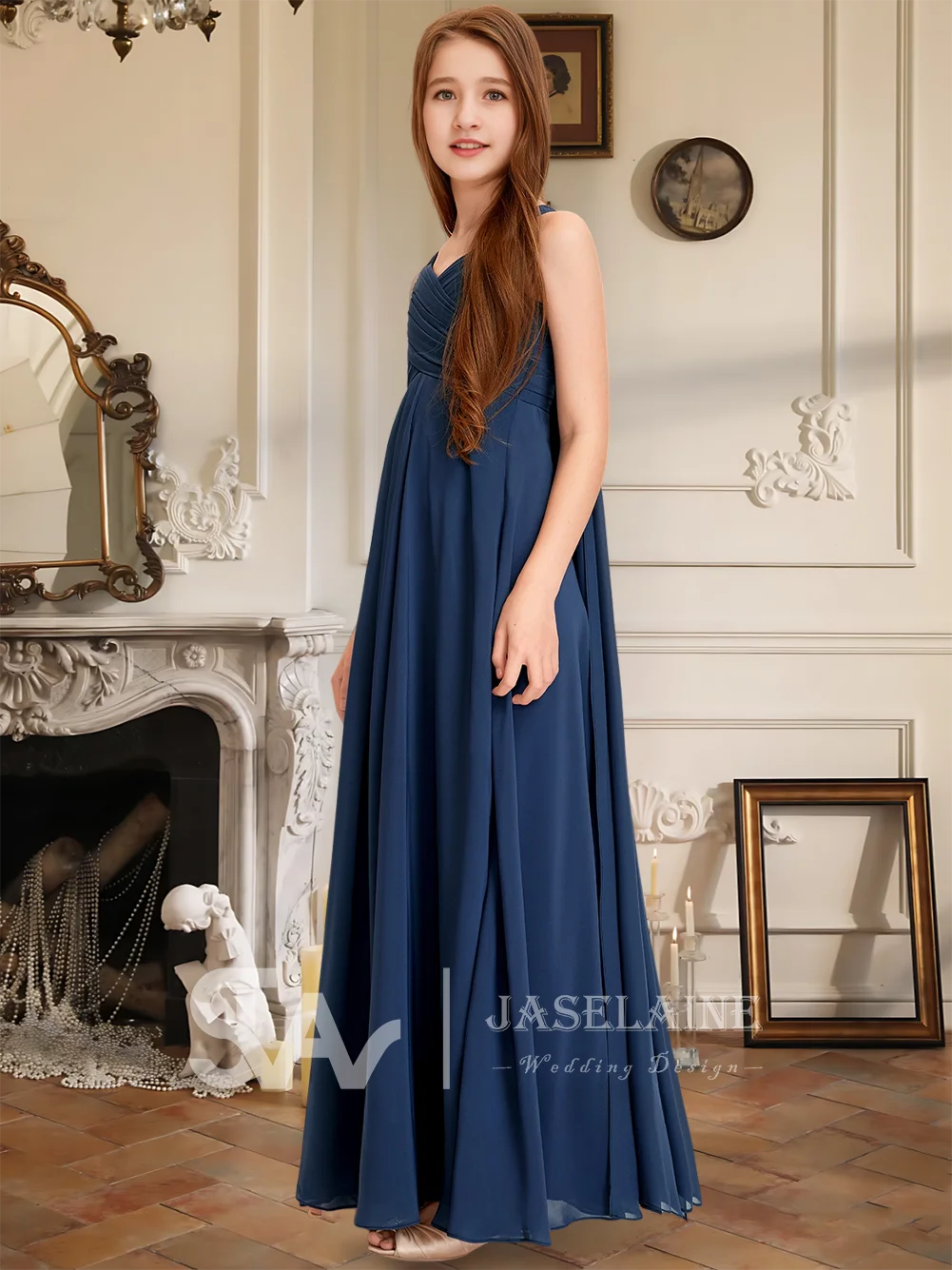

A Kids A Line V Neck Floor Length Chiffon Junior Bridesmaid Dress Navy Blue Flower Girl Dress For Wedding Party Girls Formal