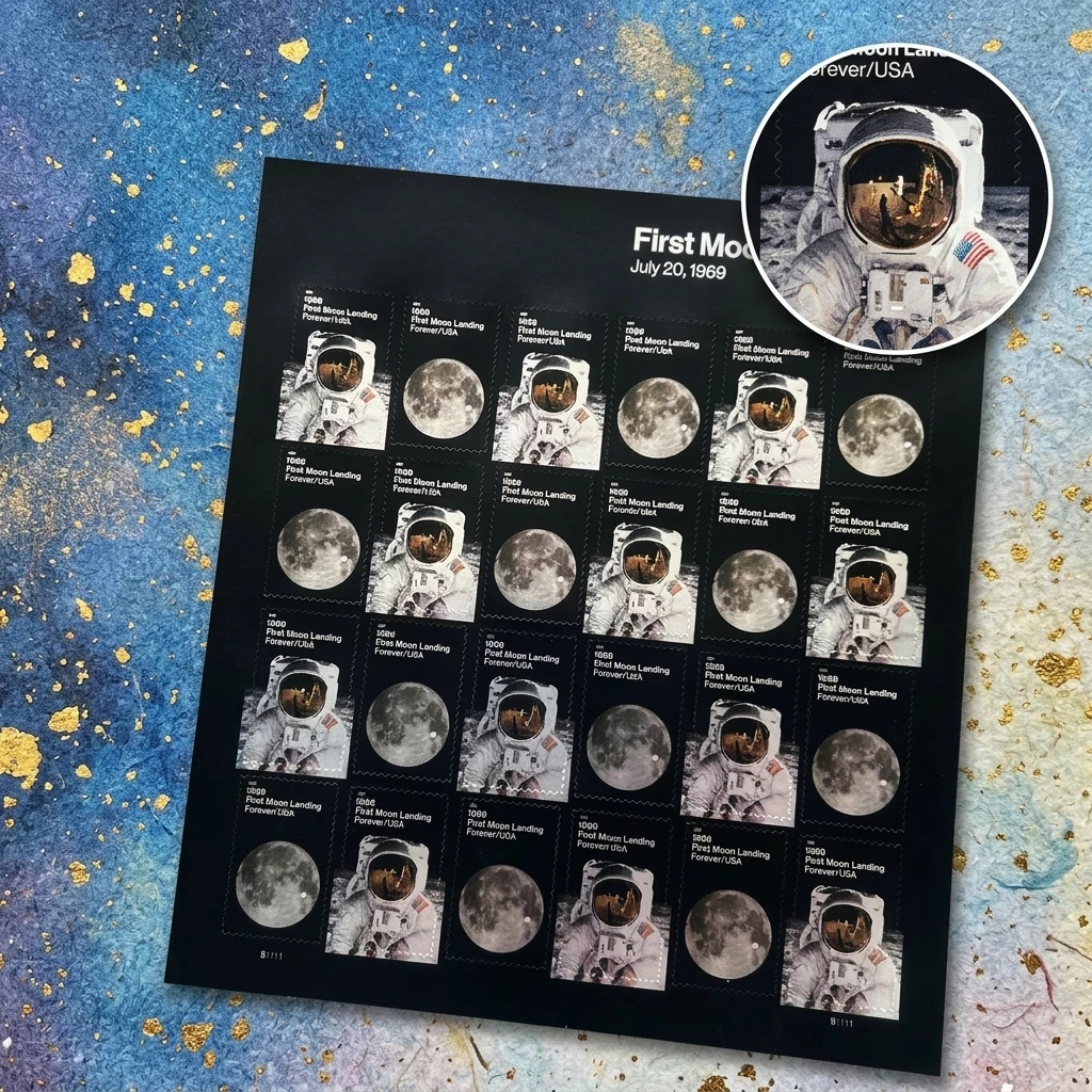 

5 Sheets 100PCS First Moon Landing Stamp Style Stickers Space Astronaut Self Adhesive Decorative Labels for Scrapbook DIY